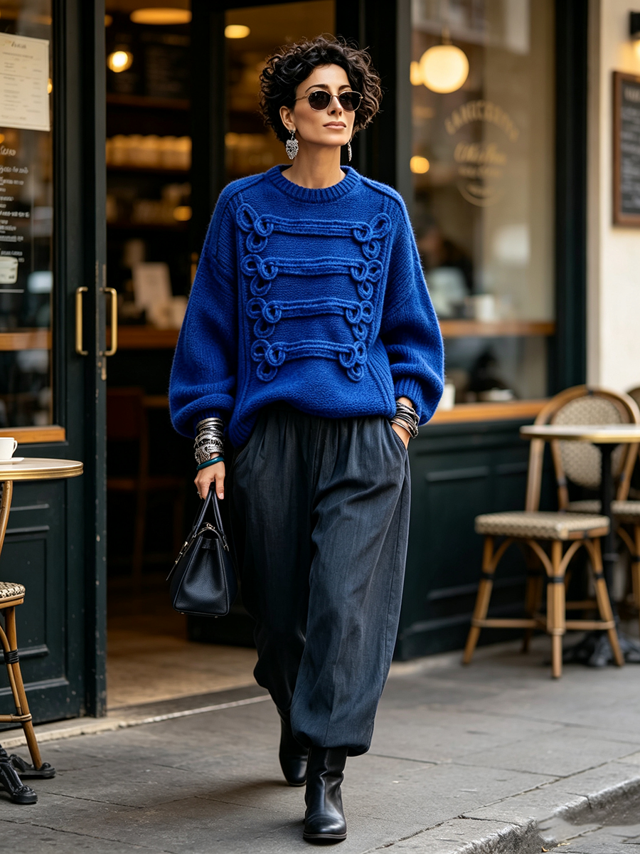 Elegant Royal Blue Knot-embellished Knit Sweater