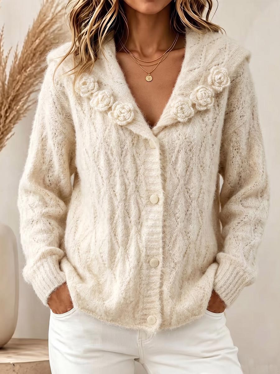 Women's Solid Color Sailor Collar Long-sleeve Casual Loose Textured Crochet Knit Cardigan