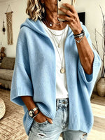 Women's Solid-Color V-Neck 3/4 Sleeve Loose-Fit Hooded Knit Cardigan