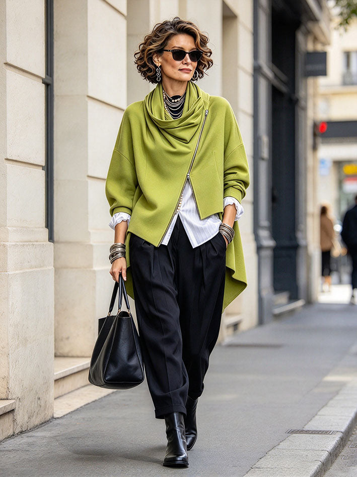 Chic Urban Green Asymmetrical Zip Jacket