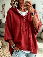 Women's Solid Color V-neck Long-sleeve Casual Loose Hooded Knit Pullover