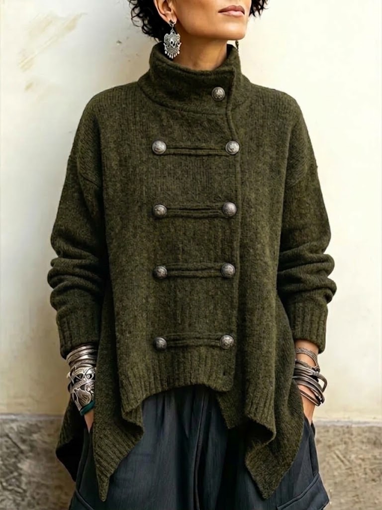 High-neck, Double-breasted, Chunky-knit Cardigan With An Asymmetrical Hem