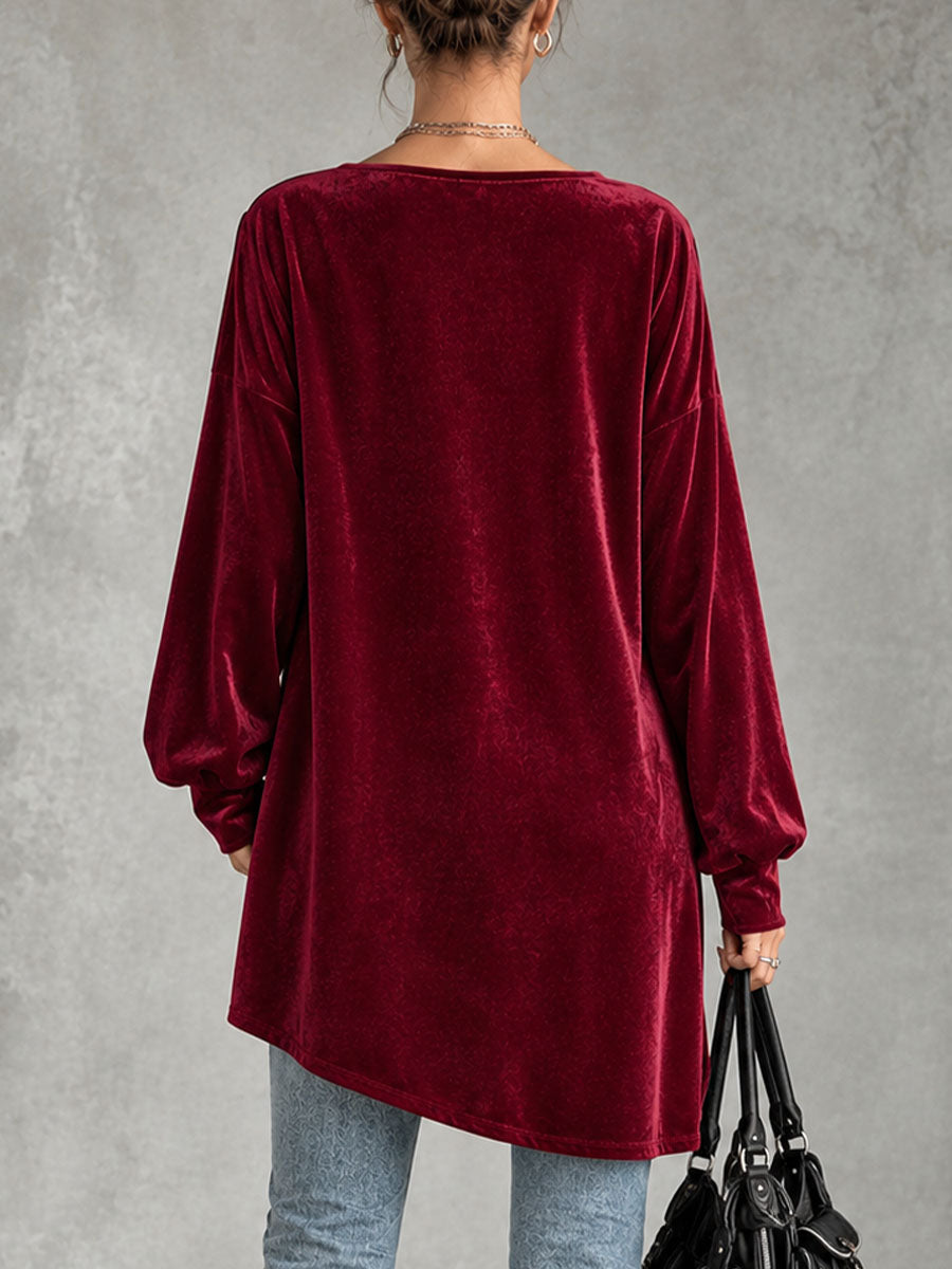 Women's Solid Color Cowl Neck Long-sleeve Loose Casual Tassel Top