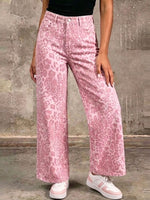 Pink Leopard-print Denim Trousers—loose, Casual, Straight-leg, Wide-leg Pants