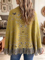 Mustard Yellow Abstract Print Zip-up Fringed Poncho