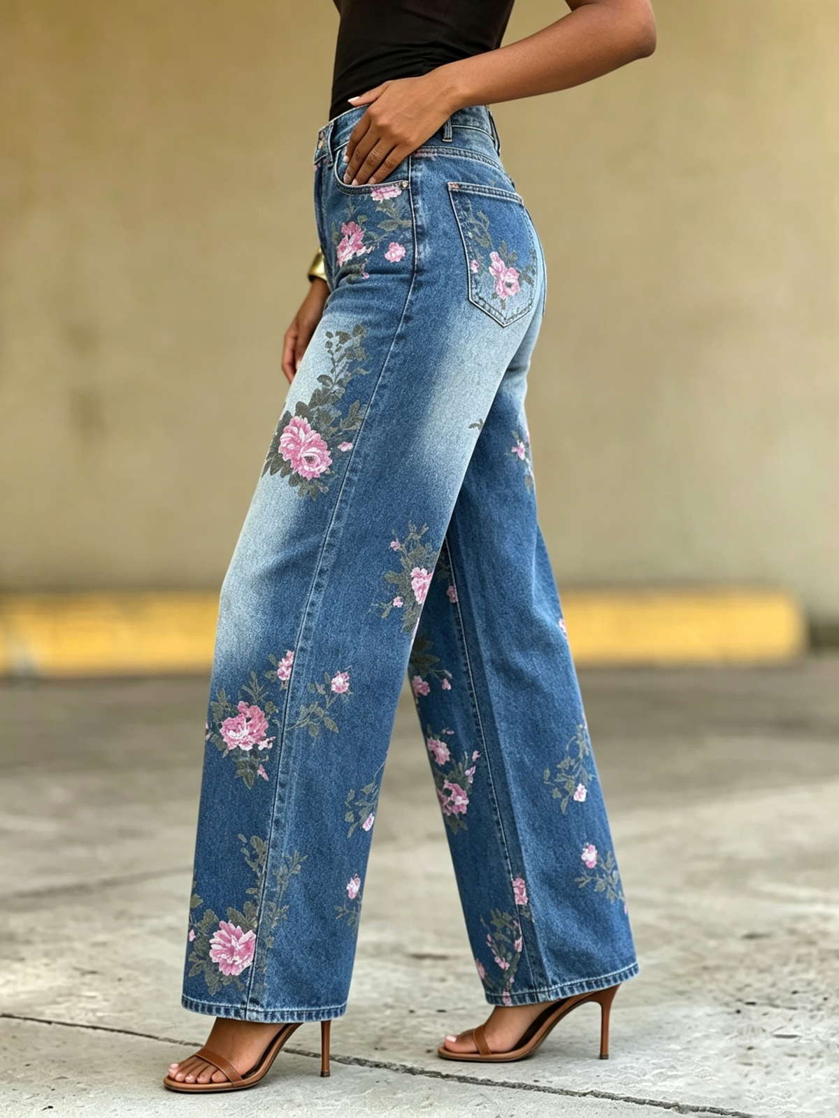 Boho High-waisted Floral Wide-leg Jeans