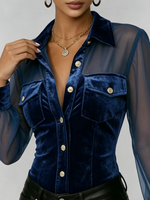 Elegant And Sexy Velvet Shirt With Mesh Sheer Sleeves