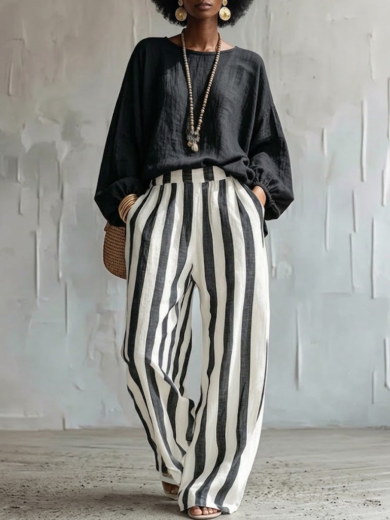 Comfortable Classic Striped Cotton-linen Two-piece Set