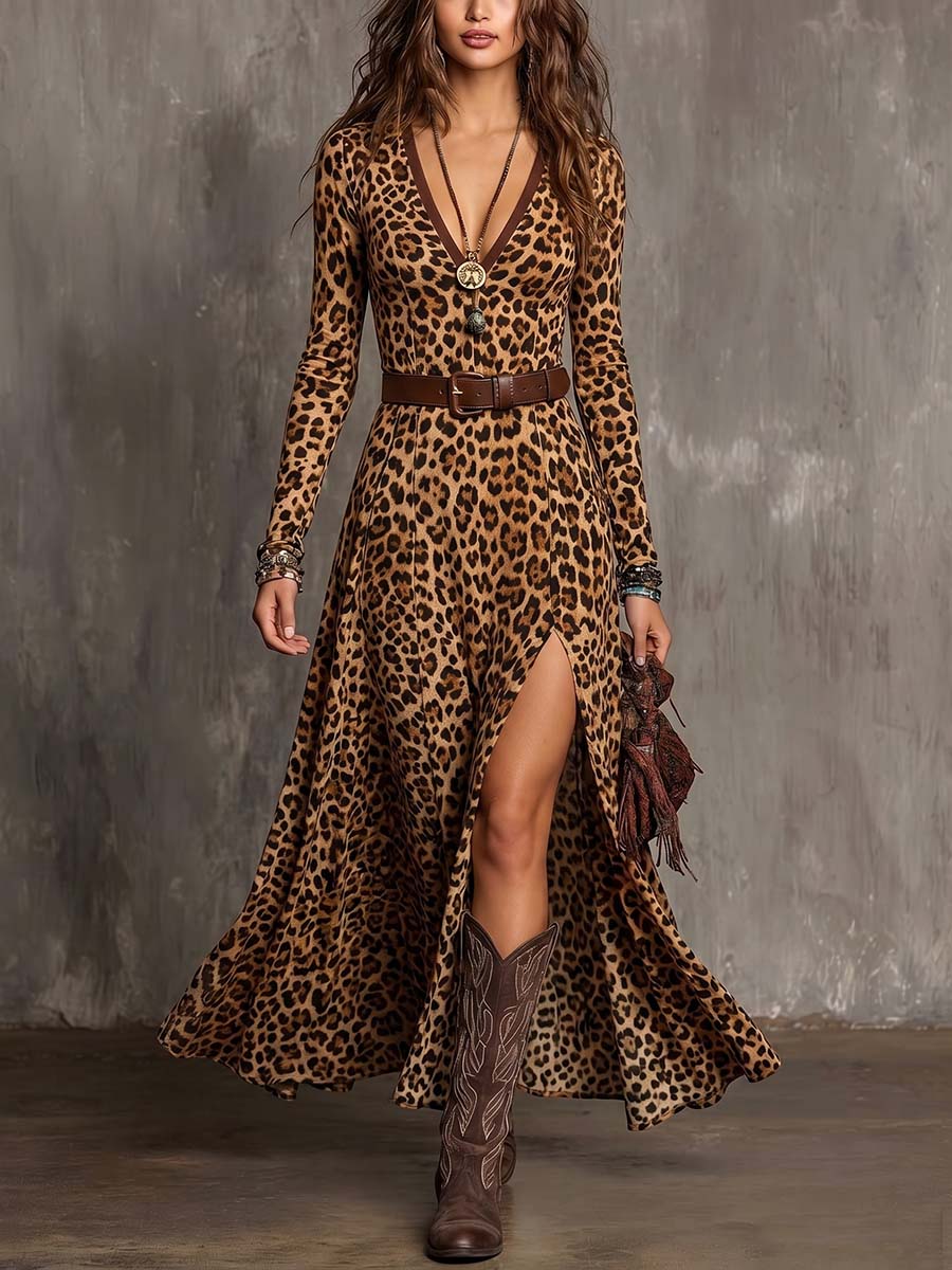 Women's Leopard Print V-neck Long Sleeve Casual Loose A-line Dress