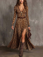 Women's Leopard Print V-neck Long Sleeve Casual Loose A-line Dress