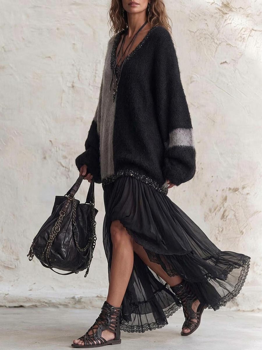 Women's V-neck Long-sleeve Color-block Knit And Mesh Panel Dress