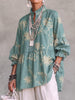 Women's Retro Print Stand Collar 3/4 Sleeve Casual Loose Cotton Linen Top