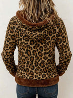 Women's Leopard Print Faux Fur Trim Drawstring Hoodie