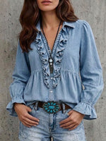 Washed Denim‑look Ruffled V‑neck Peplum Blouse