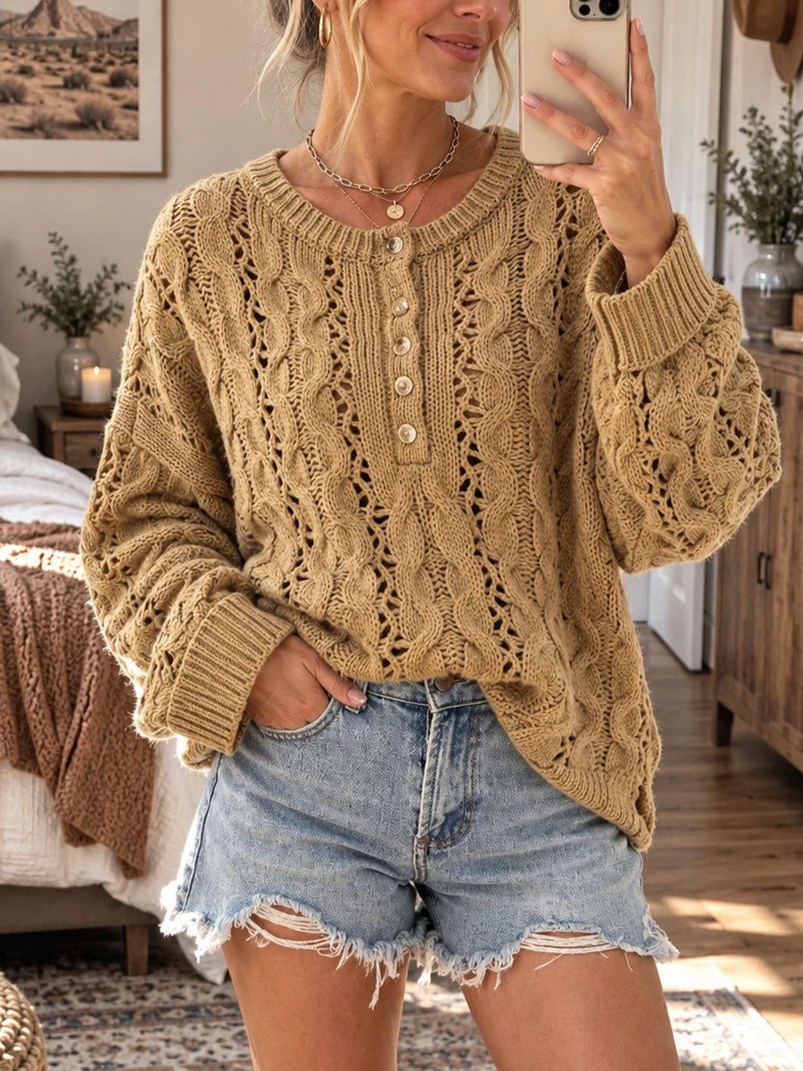 Comfortable Cable-knit Henley Sweater