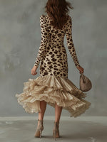 Curated Designer –Fashionable Color-blocked Knit Wrap Dress Featuring A Solid-color Chiffon Hem And Leopard Print.