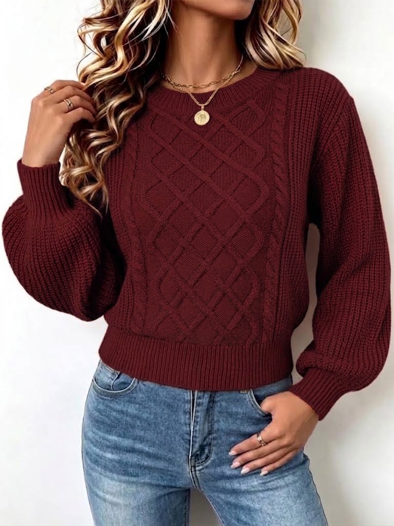 V-neck Argyle Cable-knit Lantern-sleeve Loose Pullover