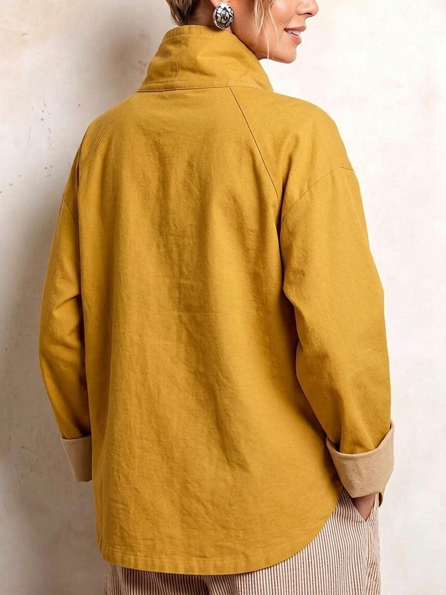 Women's Loose-fit Casual Top With Stand Collar, Long Sleeves, And Asymmetric Placket