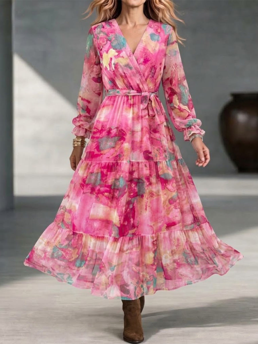 V-neck Wrap-style Watercolor-print Maxi Dress With Ruffled Long Sleeves And A Voluminous Skirt