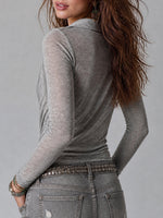 Sheer Knit Polo Shirt With A Draped, Stacked Collar