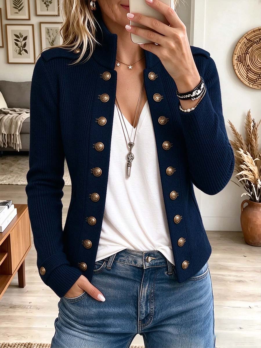 Navy Blue Military-Style Metal Button Knit Jacket