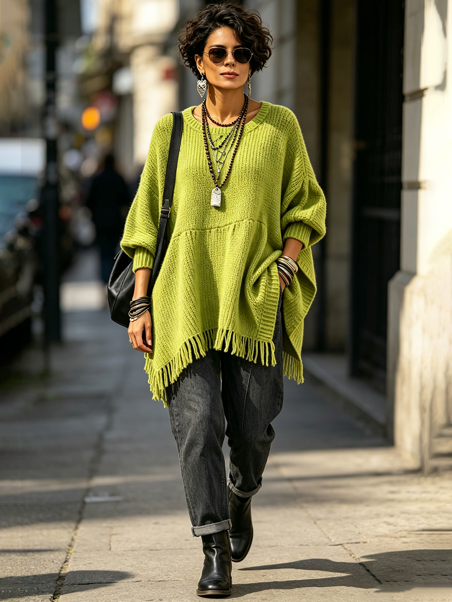 Cozy Lime Green Fringe Knit Oversized Long Sweater