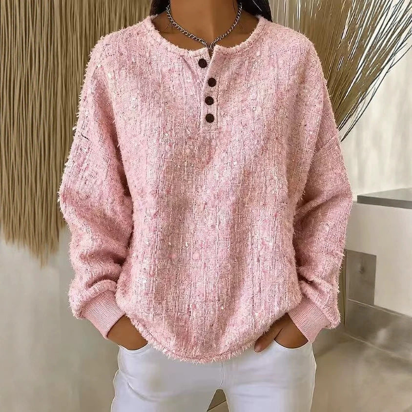 Chic Textured Henley Sweatshirt In Mixed-color Chunky Yarn