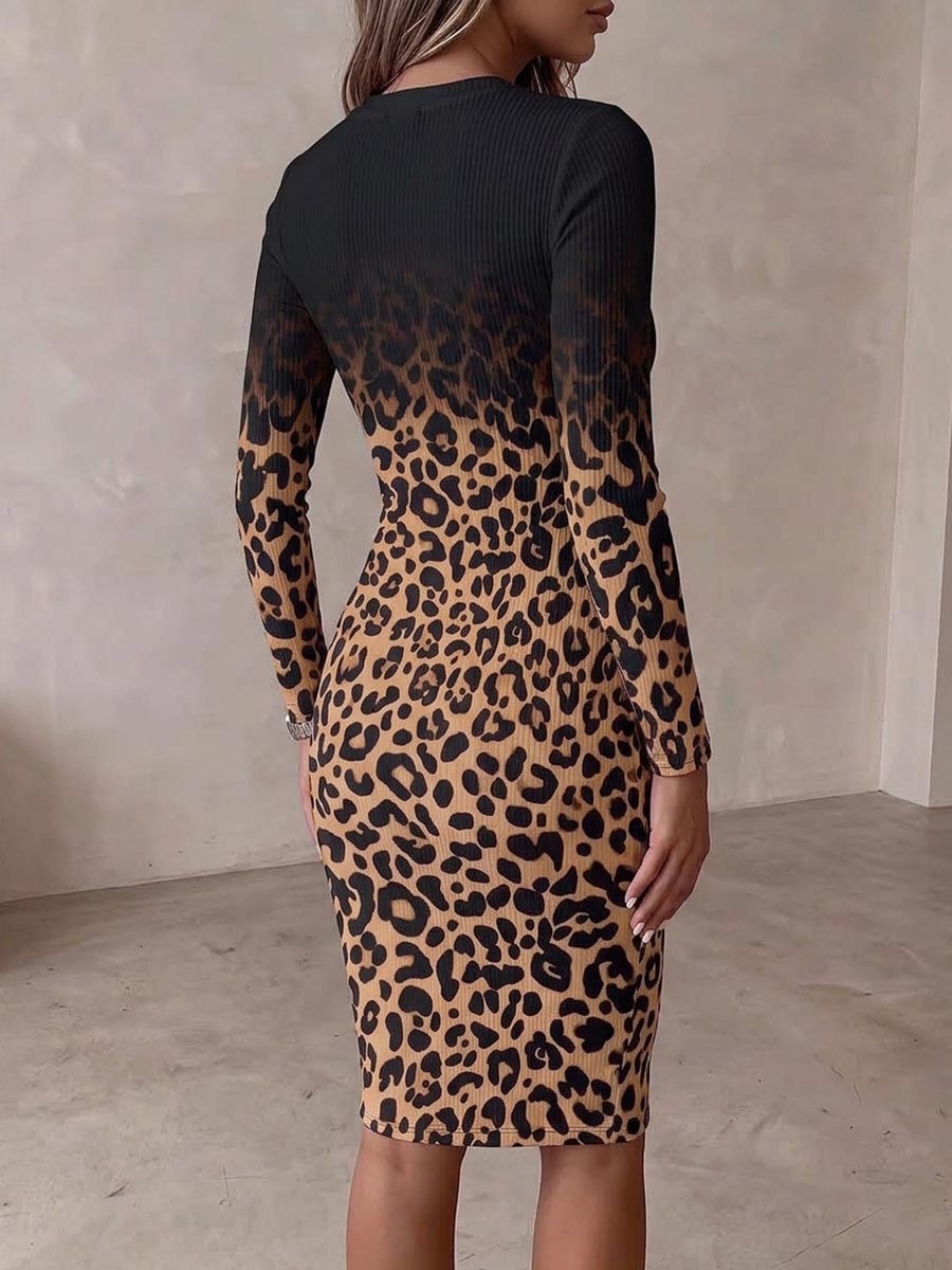 Women's Gradient Leopard Print Knit Bodycon Dress With Crew Neck, Cut-out Detail, Lace-up Front, And Long Sleeves