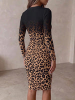 Women's Gradient Leopard Print Knit Bodycon Dress With Crew Neck, Cut-out Detail, Lace-up Front, And Long Sleeves