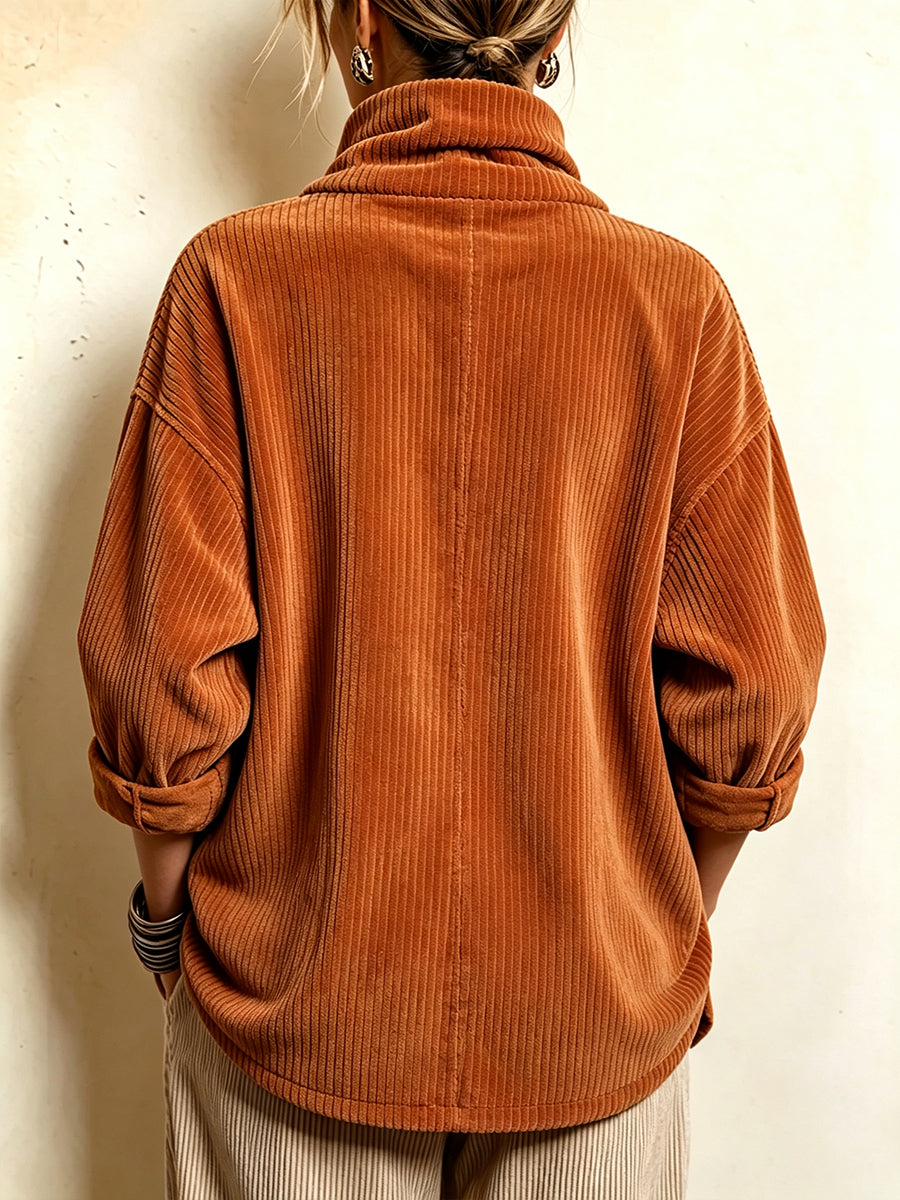 Cozy Asymmetric Button-Accented Corduroy Top