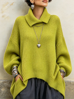 Relaxed Cozy Asymmetrical Collar Ribbed Knit Pullover