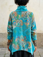 Women's Vintage Print High-neck Long-sleeve Loose-fit Velvet Top