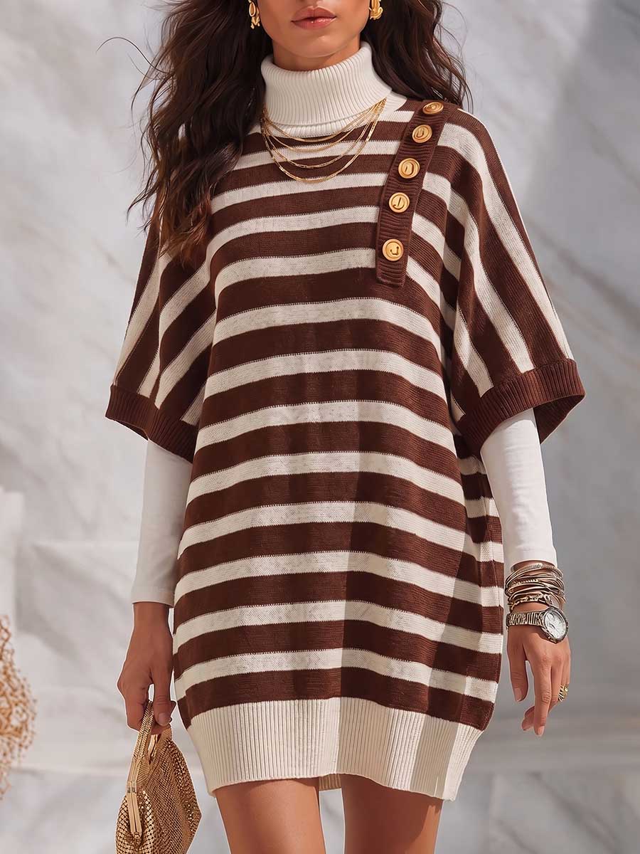 Women's Striped Print Stand-collar 3/4 Sleeve Metal-button Casual Loose Knit Dress