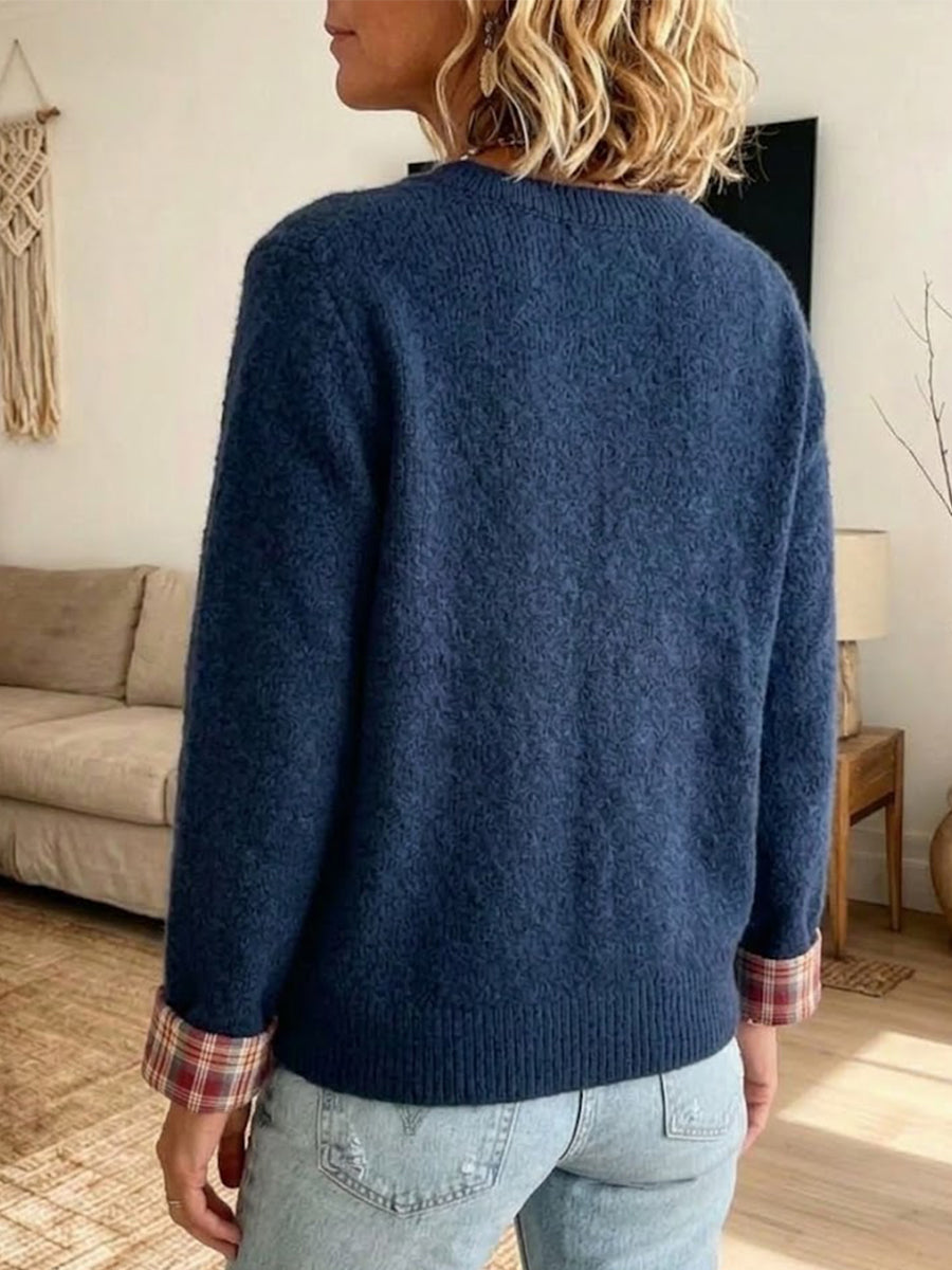 Crew-neck Plaid Knit Cardigan With Contrasting Placket