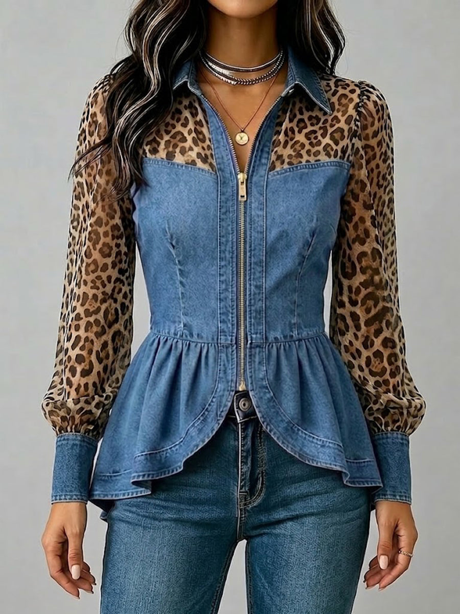 Stylish Casual Denim Shirt With Leopard-print Chiffon Paneling And Zipper Detail