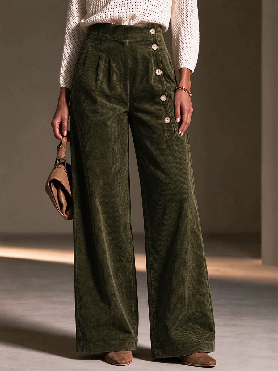 Women's High Waisted Corduroy Wide Leg Pants With Asymmetrical Buttons