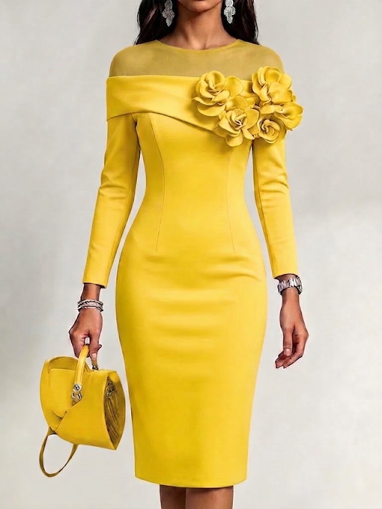 Curated Designer –Solid-color, Slim-fit Dress With A Round Neck And 3d Floral Embellishment On The Side