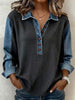 Denim Collar Half Button Vertical Rib Knit Spliced Long Sleeve Top