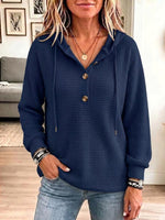 Women's Solid Color V-neck Long-sleeve Casual Loose Waffle Knit Hooded Top