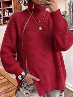 Women's Solid-Color High-Neck Long-Sleeve Loose-Fit Knit Top with Toggle Zipper