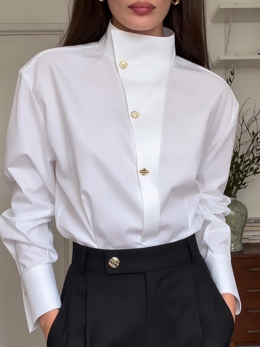 Elegant Professional Chic High Collar White Long-sleeve Shirt
