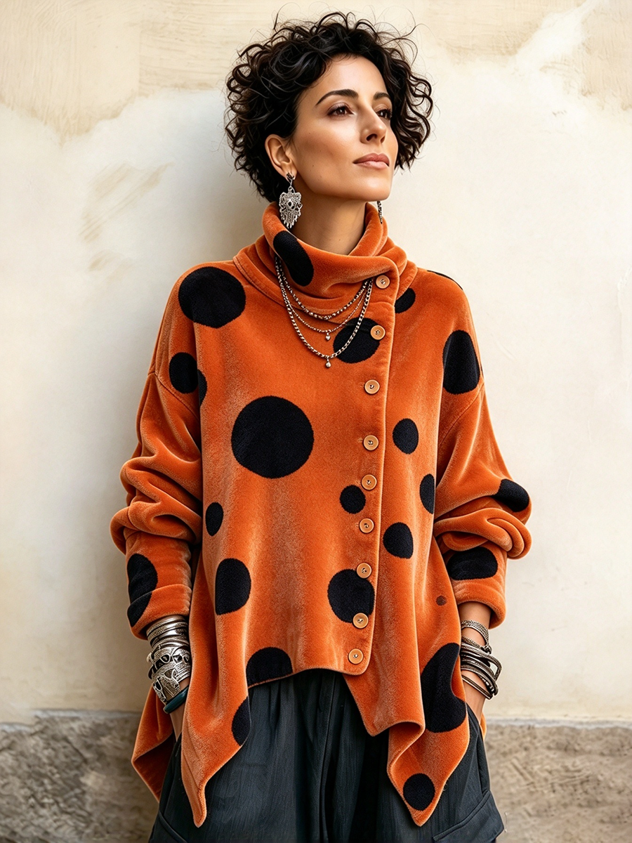 Stylish Asymmetrical Buttons Polka Dot Velvet Top