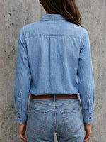 Washed Denim‑look Front Multi‑ruffle Long‑sleeve Blouse