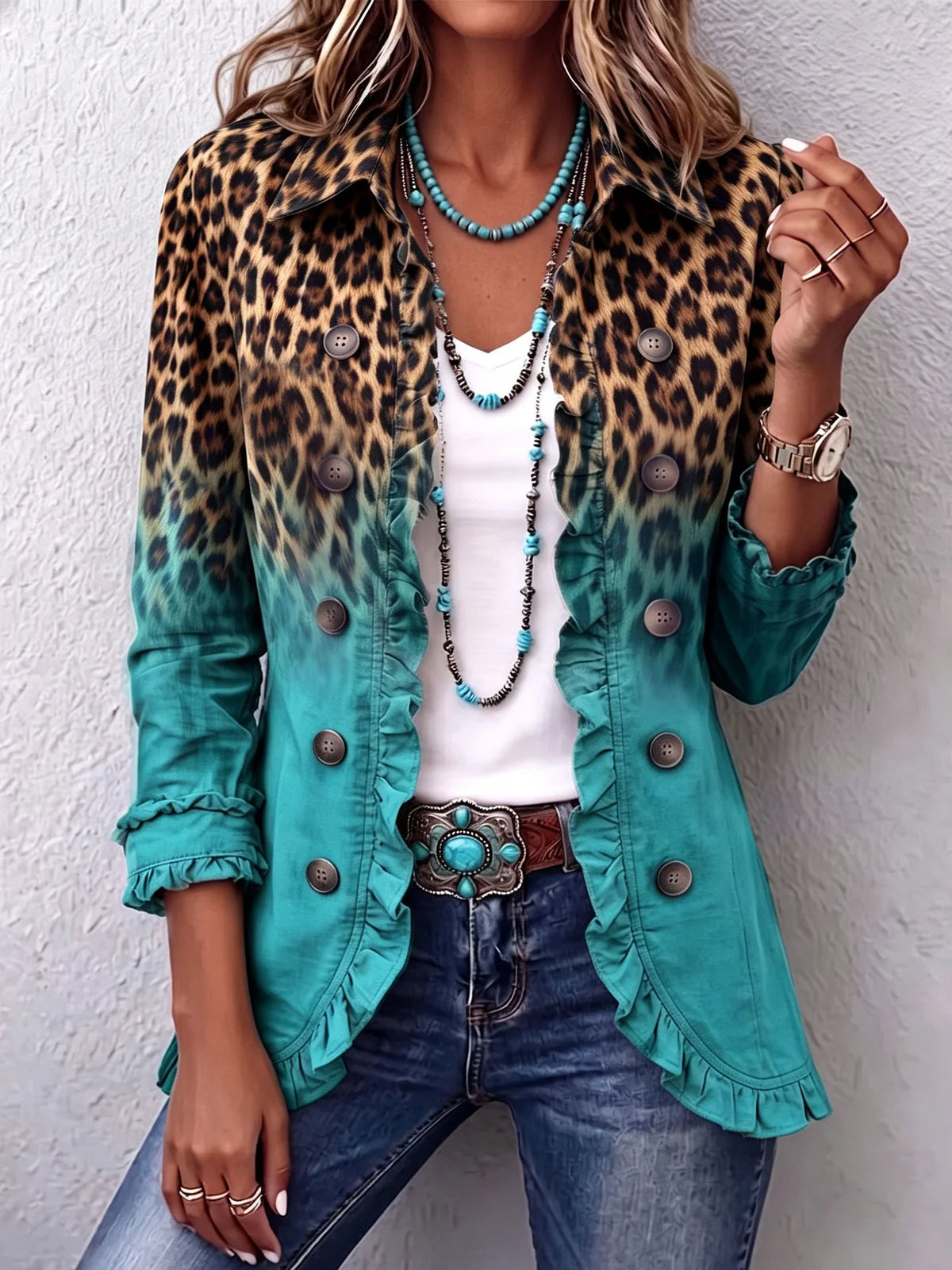 Boho Leopard Ombre Flare Sleeve Stretch Casual Blouse