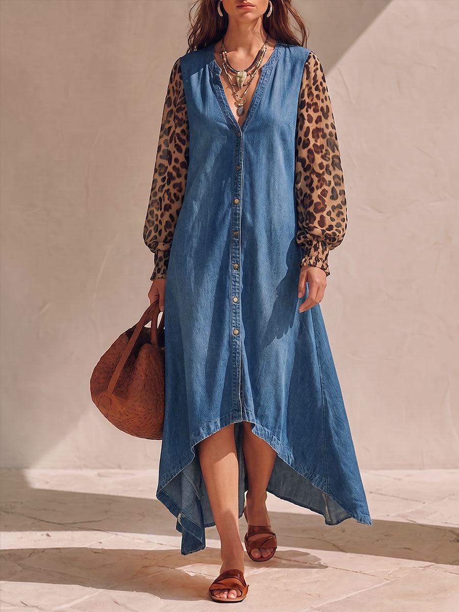 Women's V-neck Long-sleeved Casual Loose Leopard Print Patchwork A-line Denim Dress
