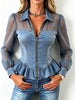 Curated Designer –Chic Sexy Mesh See-through Denim Top With Ruffle Trim