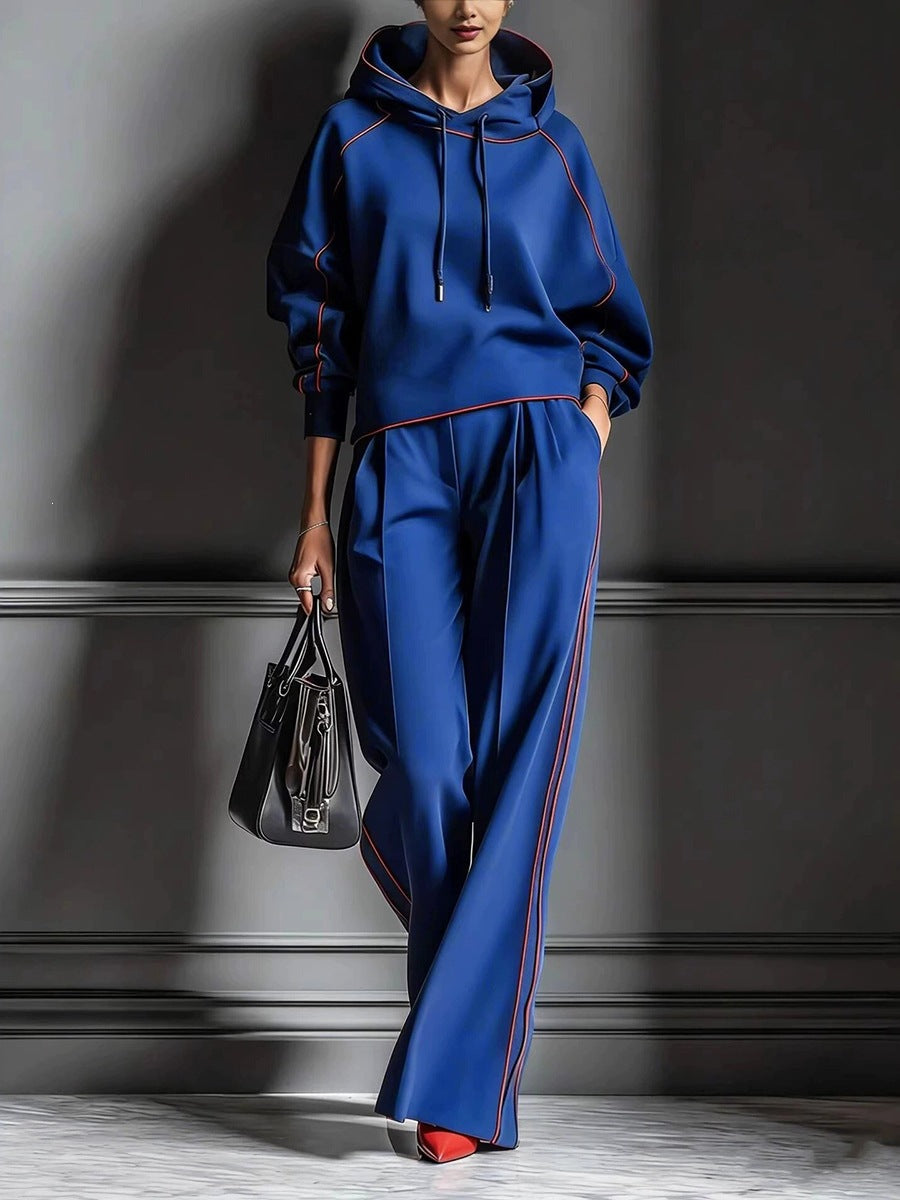 Chic Charcoal Grey Red-Trimmed Hooded Tracksuit Set