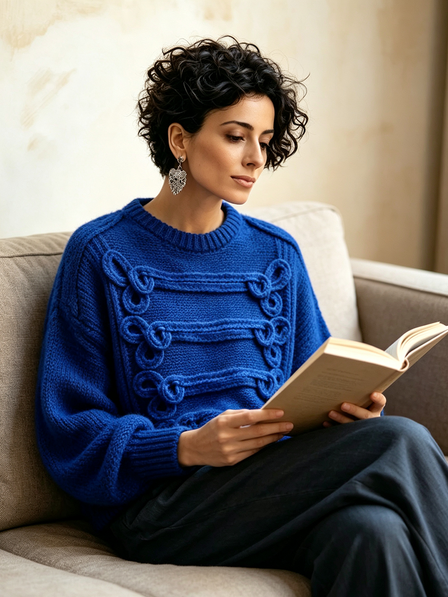 Elegant Royal Blue Knot-embellished Knit Sweater