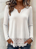 Elegant Solid-color Waffle-knit Long-sleeve Top With Lace-trimmed Notched Collar