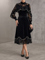 Chic Mock-Neck Velvet & Sheer Velvet Midi Dress